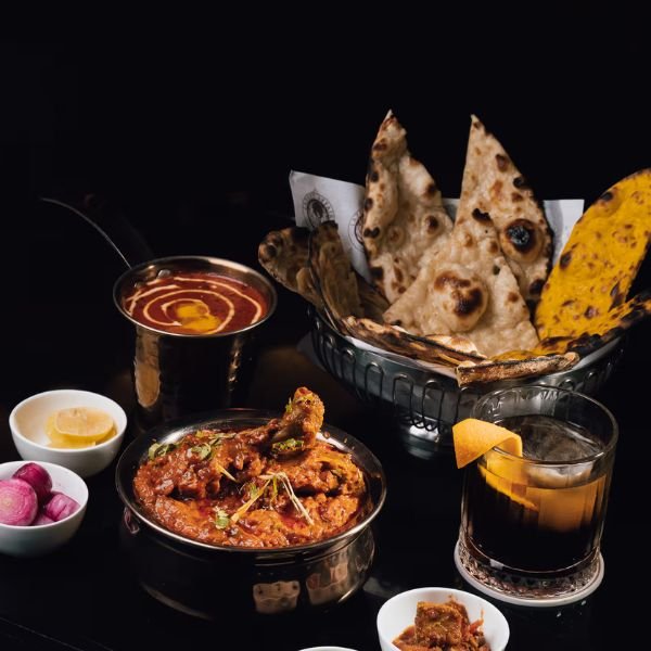 An Indian feast of curries and freshly baked naan
